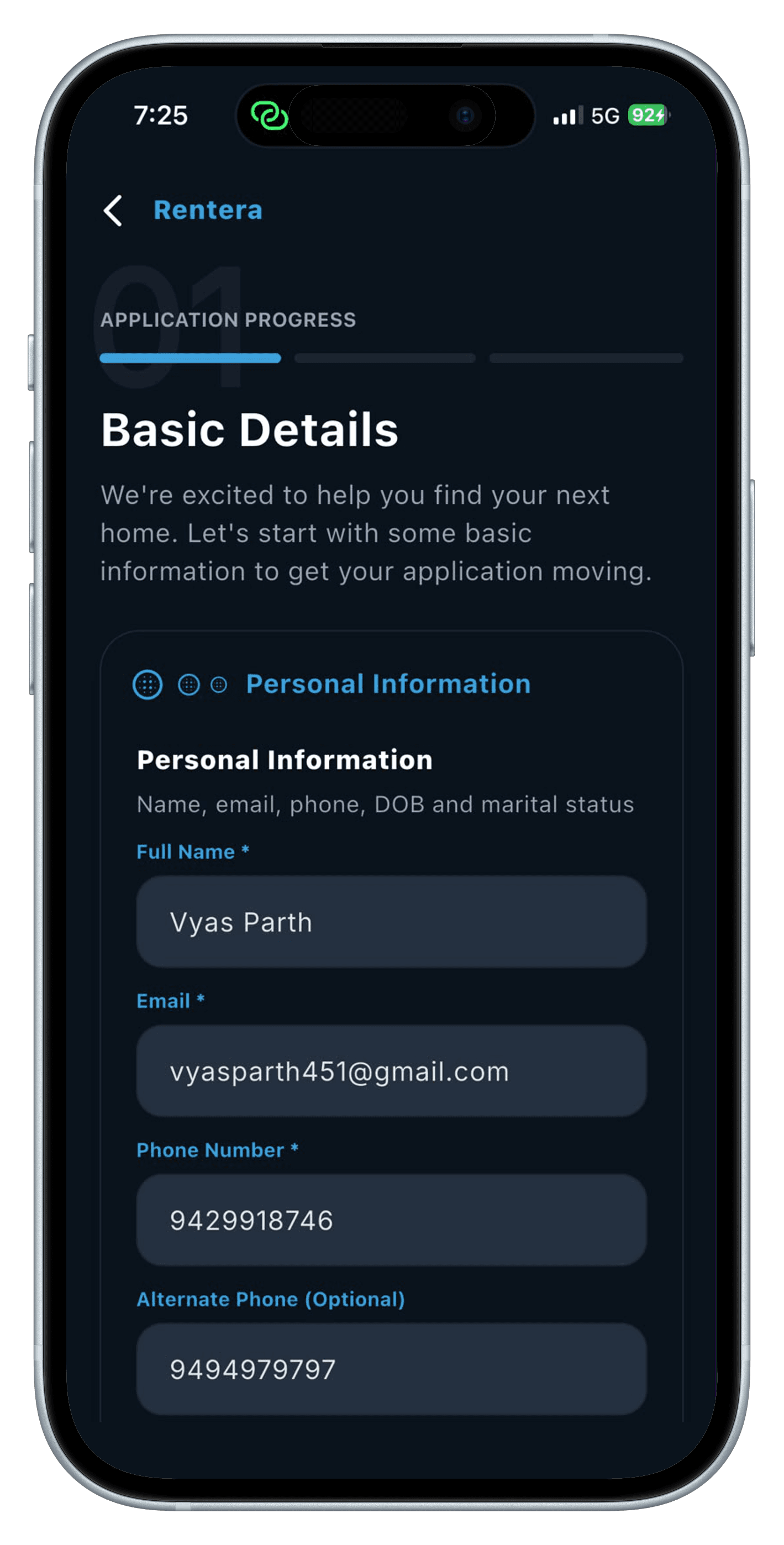 Basic Details step of a rental application