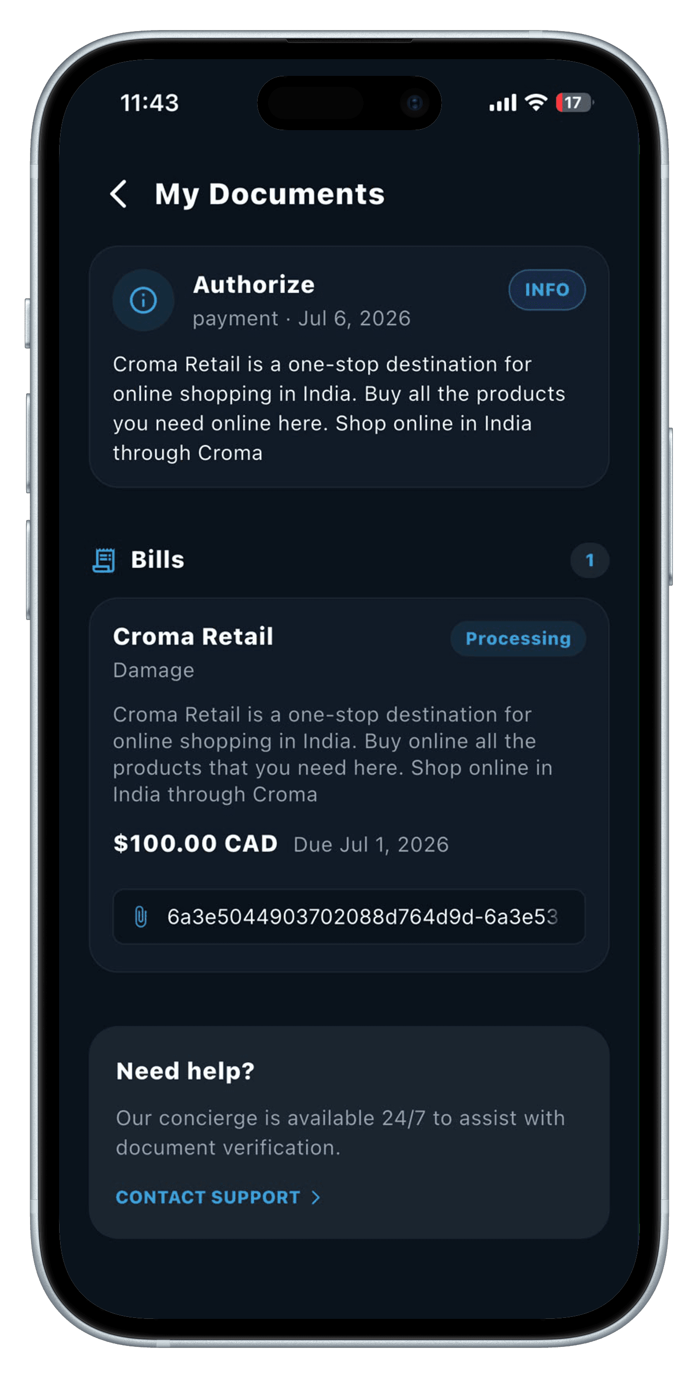 Bills and payment authorization screen in the RentEra Tenant app