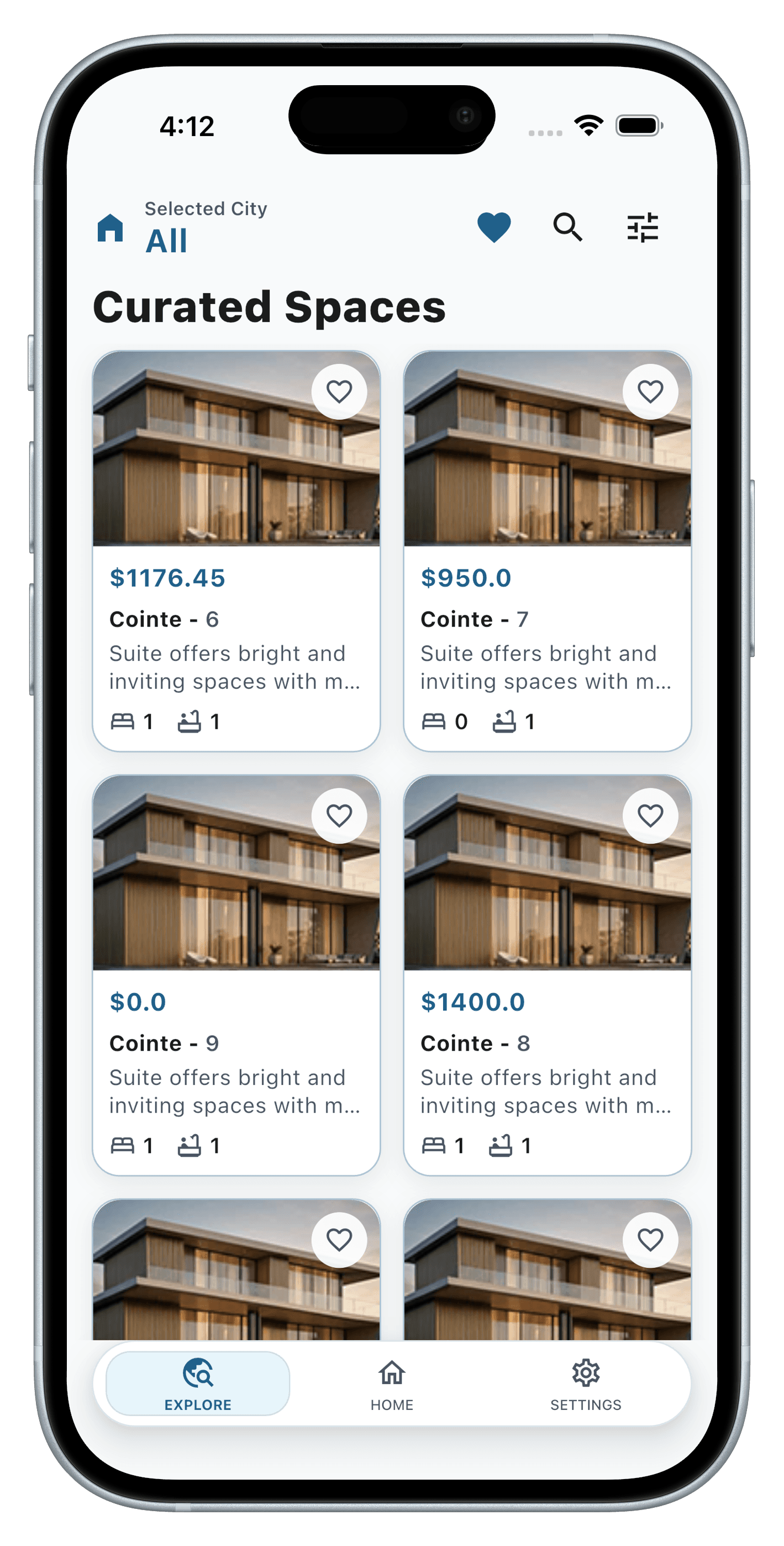 Curated Spaces listing feed in the RentEra Tenant app