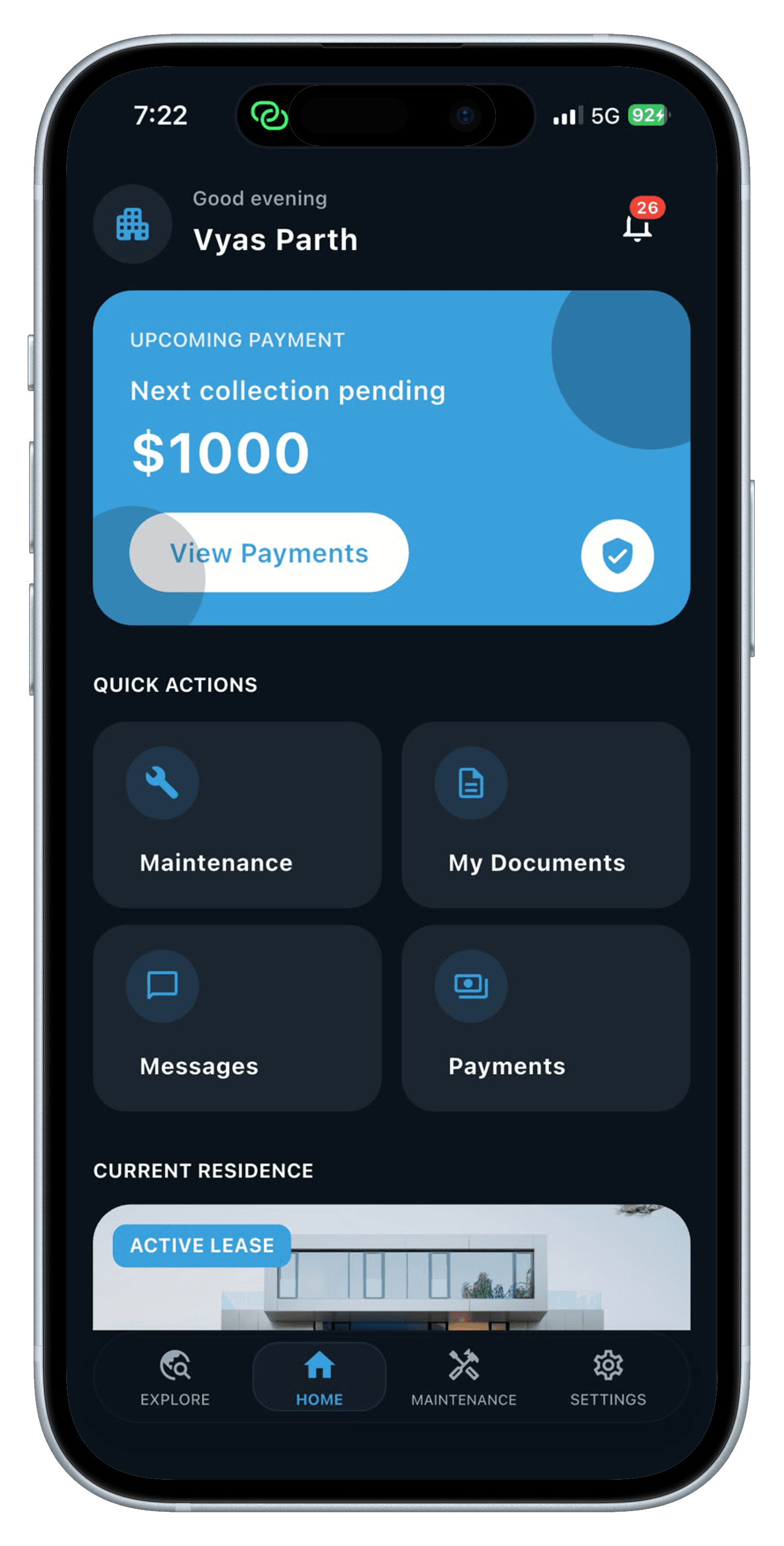 RentEra Tenant home dashboard with upcoming payment