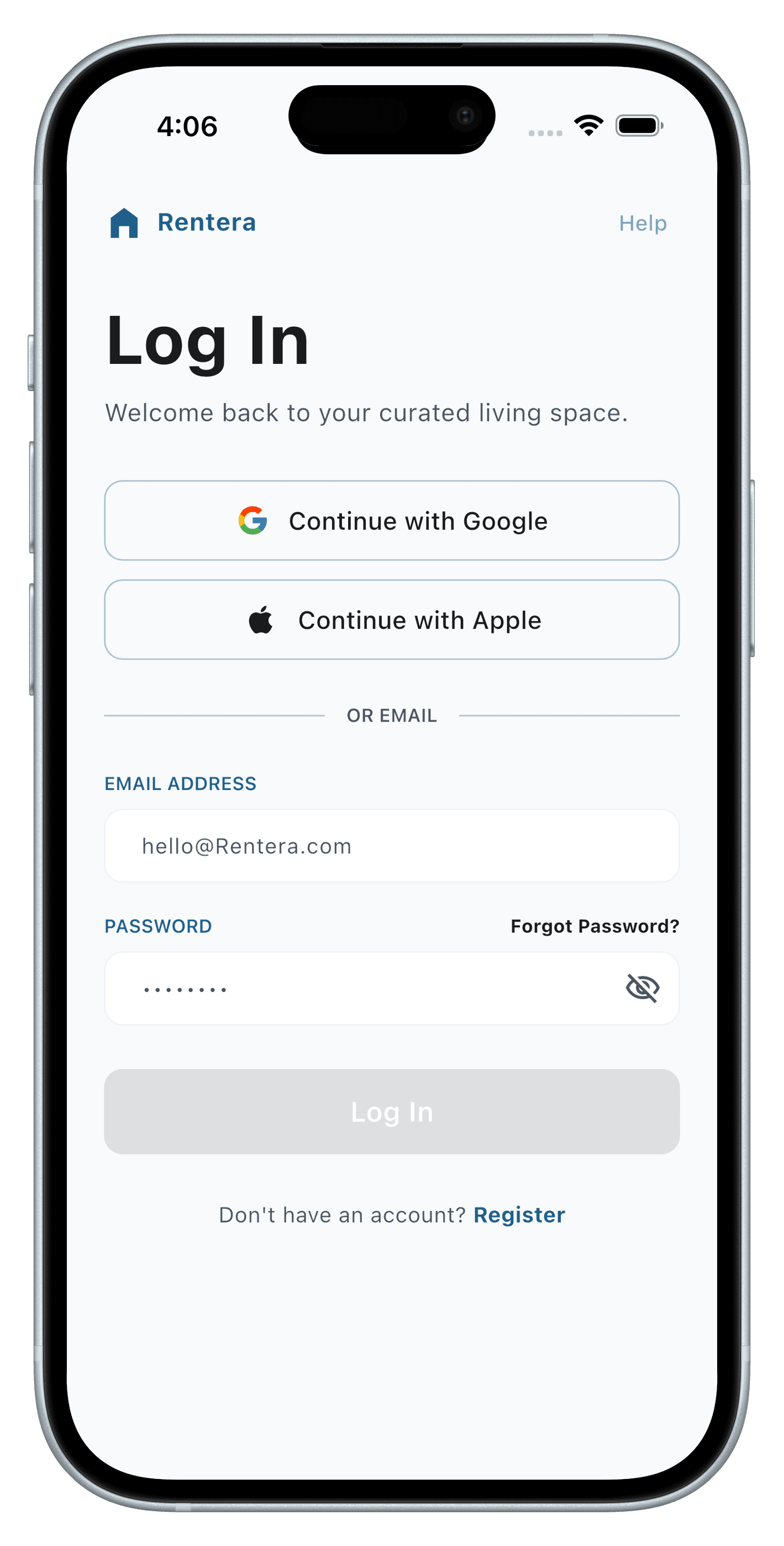 Log in screen of the RentEra Tenant app