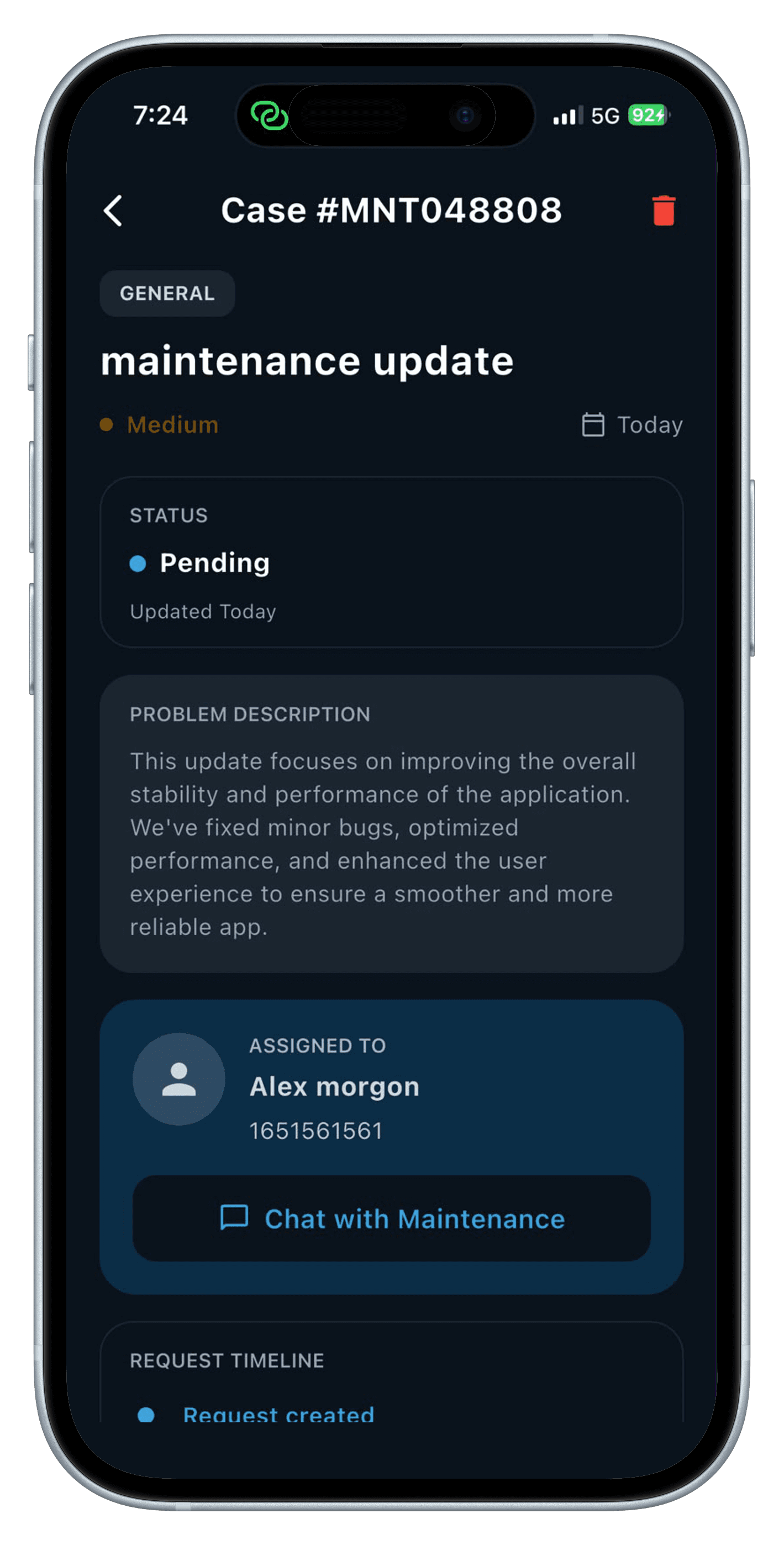 Maintenance case detail screen