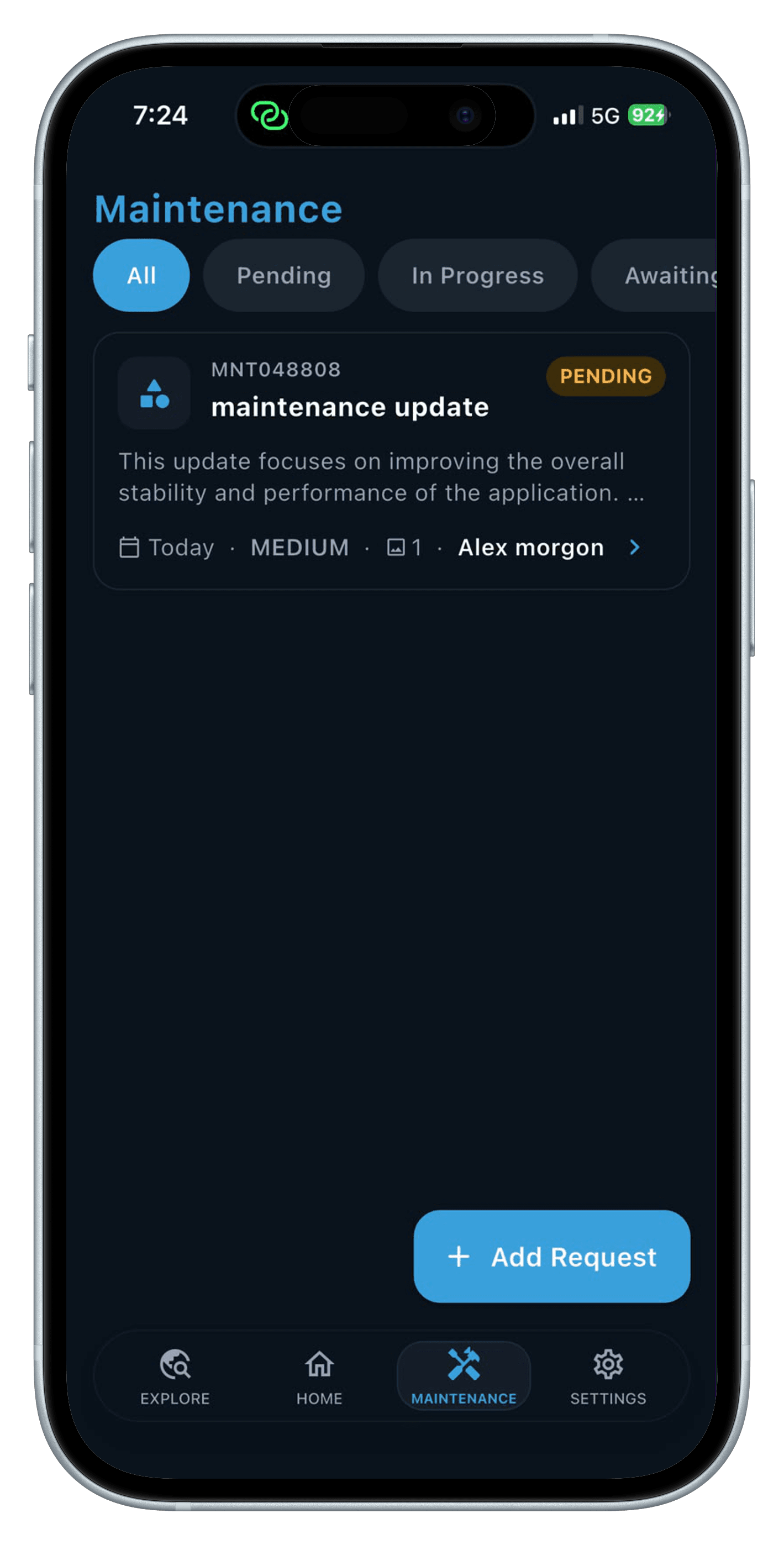 Maintenance requests list in the RentEra Tenant app