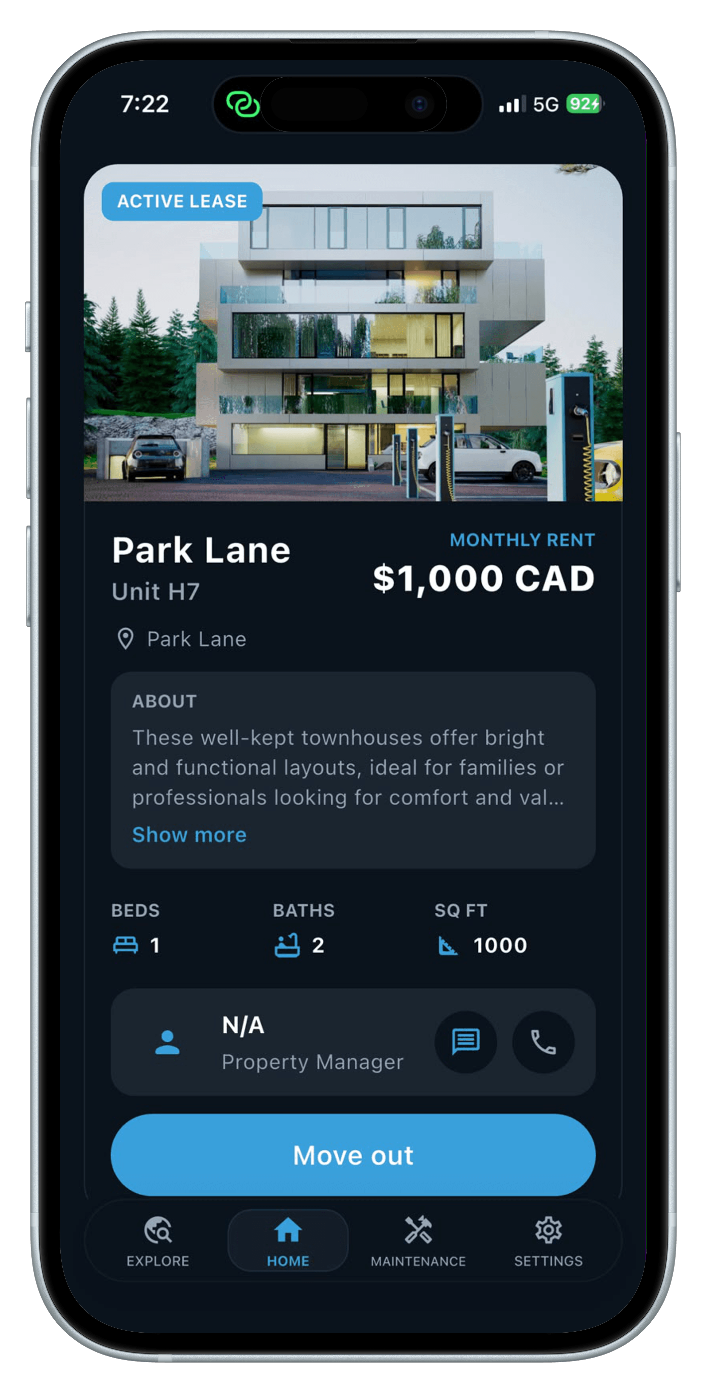 Property detail screen for Park Lane in the RentEra Tenant app