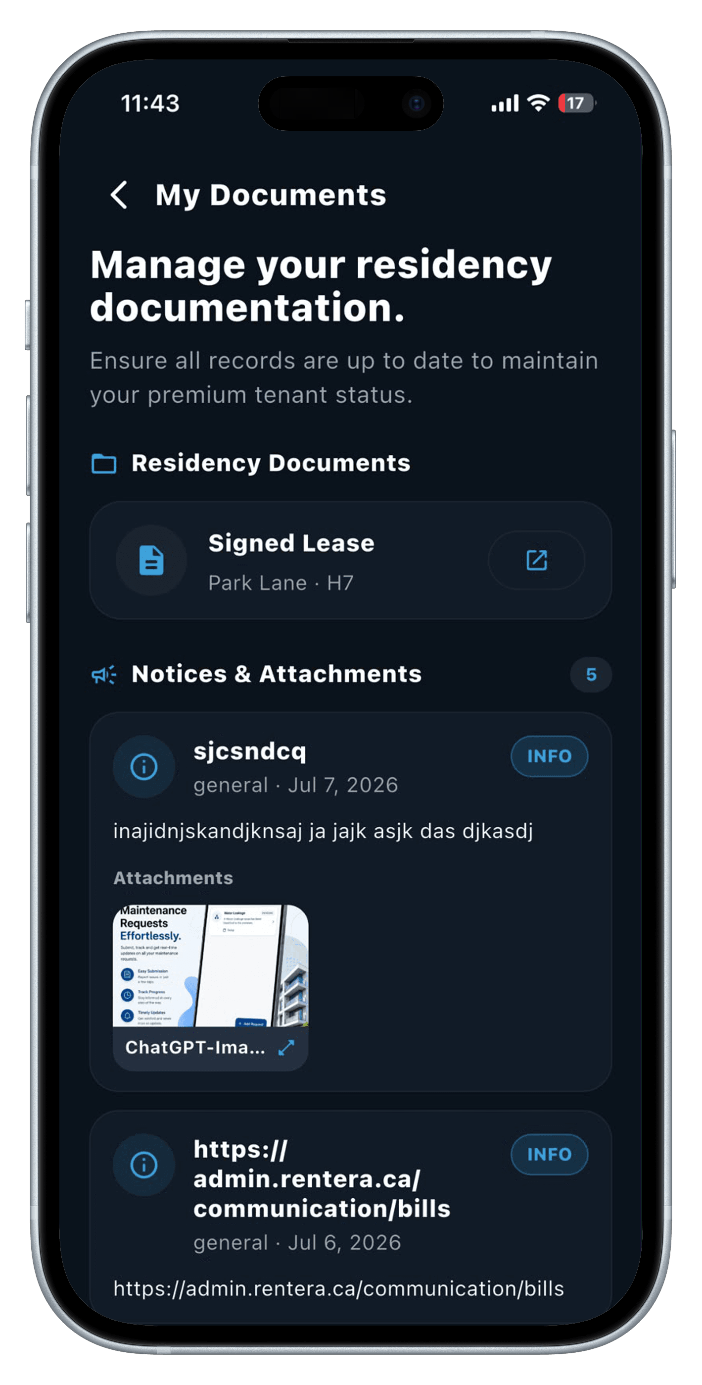 Signed lease and residency documents screen