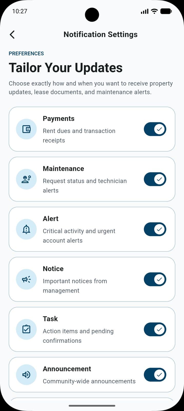 Notification settings in the RentEra app