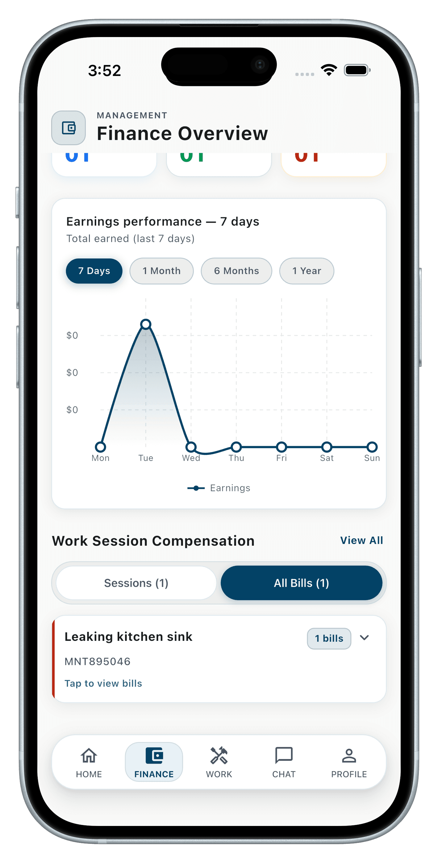 Finance overview with all bills in the RentEra Staff app