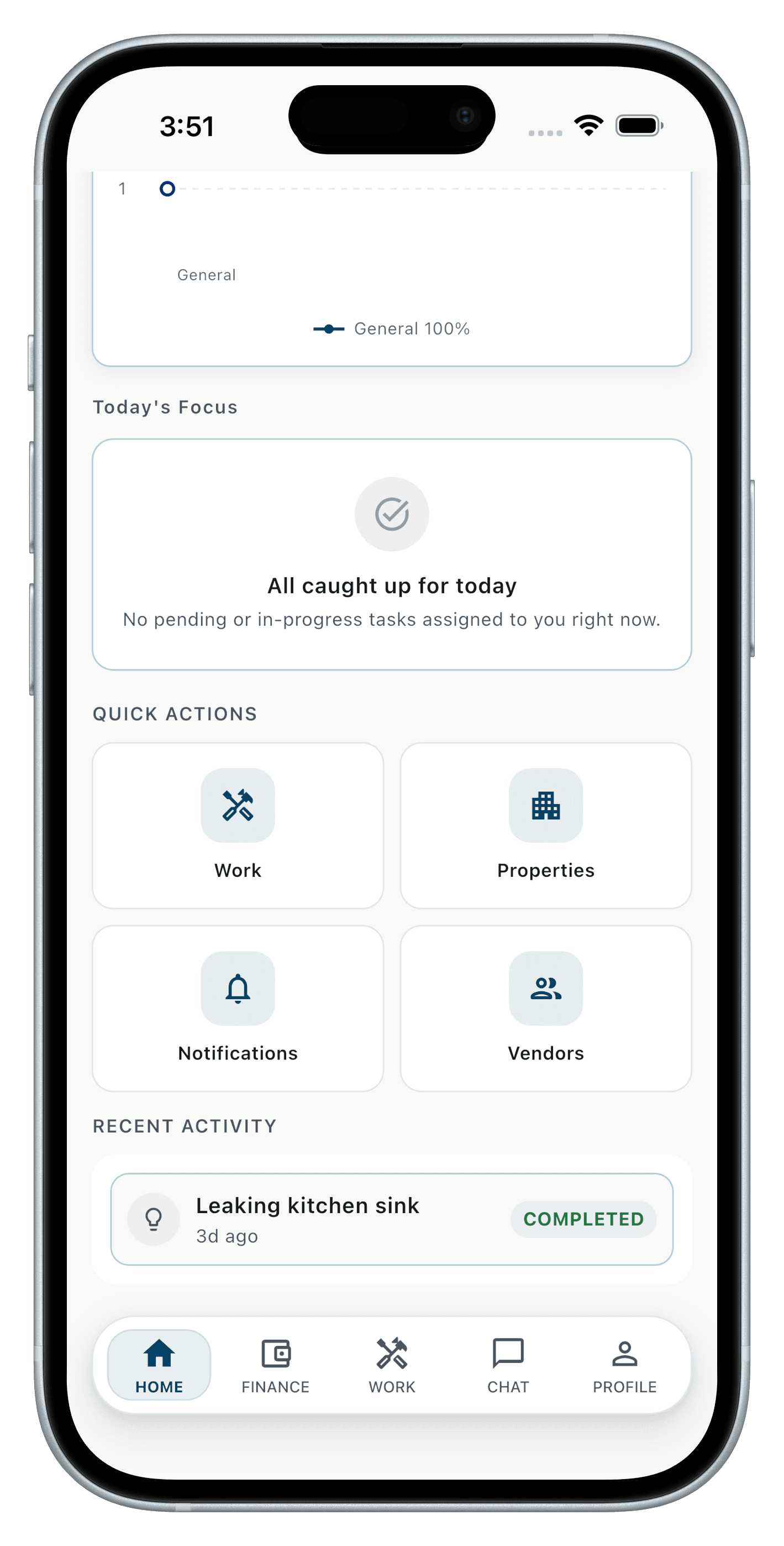 Home dashboard with work summary charts in the RentEra Staff app
