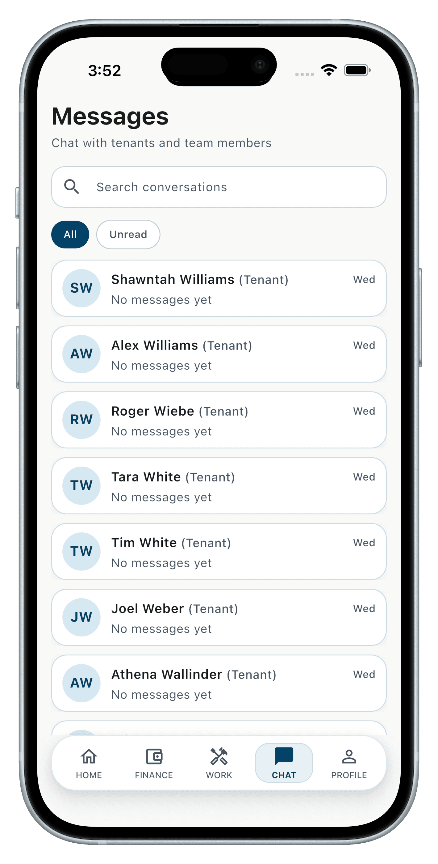Messages inbox in the RentEra Staff app